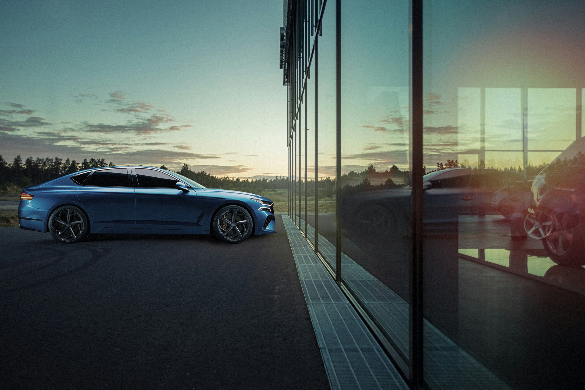 An electric vehicle parked in front of a car showroom